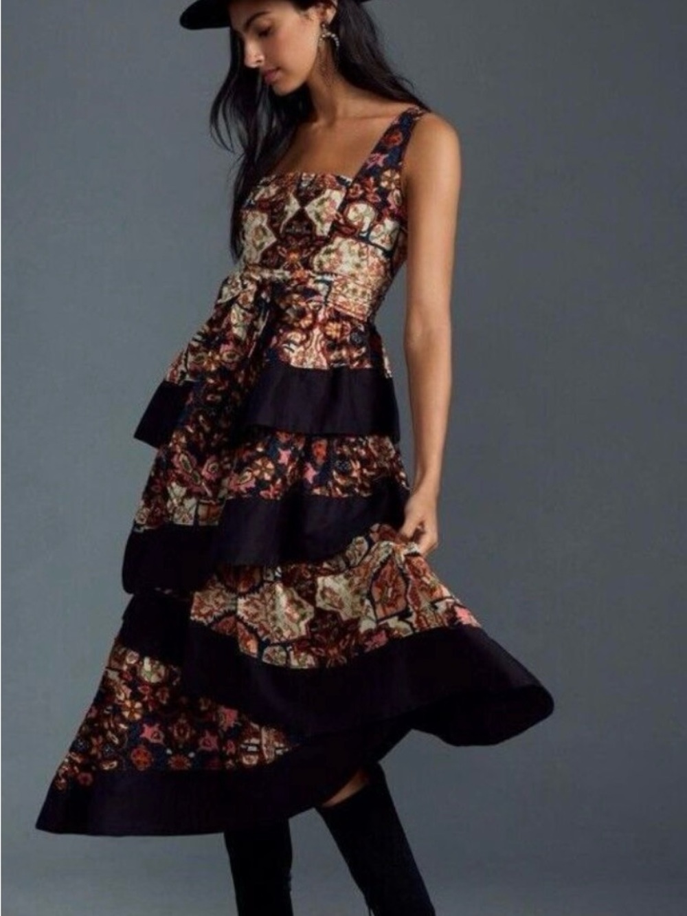 Anthropologie Tiered Floral Midi Dress in Black and Multicolor Size XS